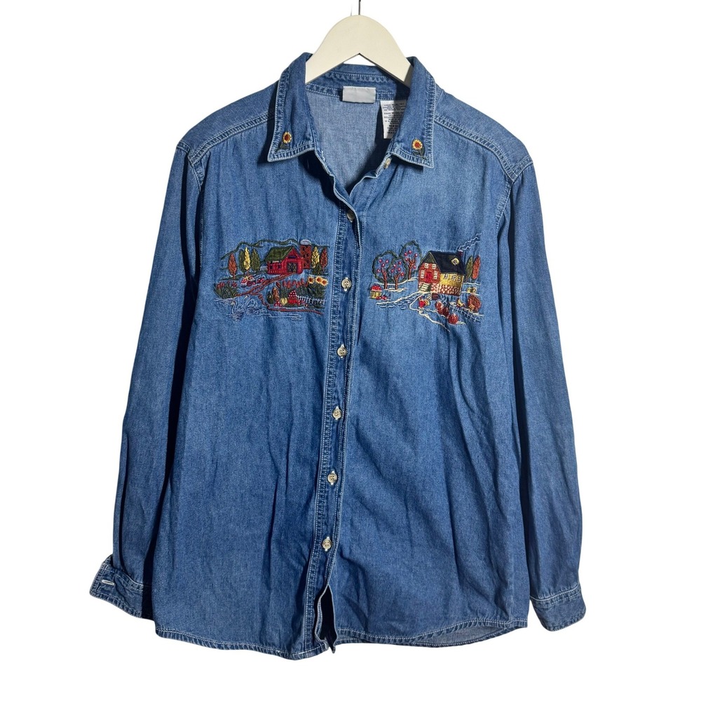 Bobbie Brooks Denim Embroidered Farm Barn Shirt Fall 90s Autumn Blue Cotton M